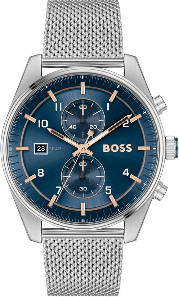 BOSS Chronograph SKYTRAVELLER 1514149, Quarzuhr, Herrenuhr, Armbanduhr, Stoppfunktion, Edelstahlarmband von BOSS