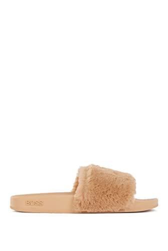 BOSS Damen Bay Slid Slides aus Kunstfell mit Monogramm-Sohle Hellbeige 36 Größe 36 von BOSS