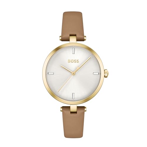 BOSS Analog Quarzuhr für Damen Kollektion Majesty mit Kamelhaarfarbenem Lederarmband - 1502652 von BOSS