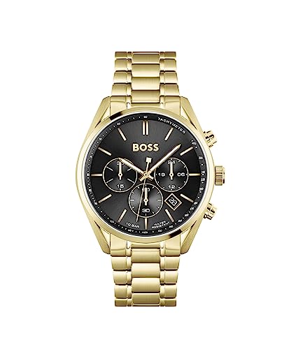 BOSS Herren 44 mm Chronograph Quarz Uhr Champion Kollektion mit Schwarzem Zifferblatt und Goldfarbenem Edelstahlarmband, Datumsfunktion, 3 Totalisatoren, 10ATM Wasserbeständigkeit - 1513848 von BOSS