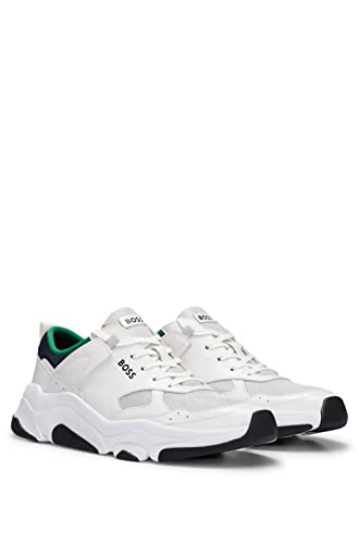 BOSS Herren Asher Runn Sneakers aus Leder und Mesh mit Logo-Details Weiß 43 Größe 43 von BOSS