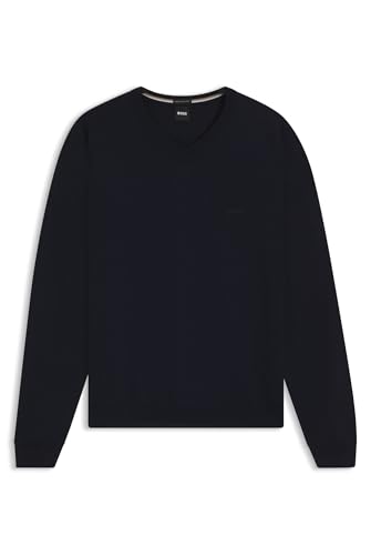 BOSS Herren Baram-L Pullover aus Schurwolle mit V-Ausschnitt und Logo-Stickerei Dunkelblau S von BOSS
