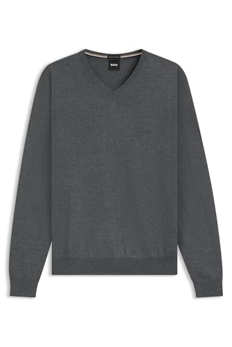 BOSS Herren Baram-L Pullover aus Schurwolle mit V-Ausschnitt und Logo-Stickerei Grau L von BOSS