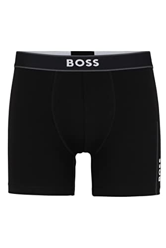 BOSS Herren BoxerBr 24 Logo Eng anliegende längere Boxershorts aus Stretch-Baumwolle mit Logo und Streifen Schwarz S von BOSS