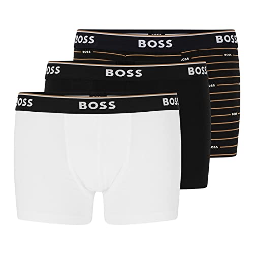 BOSS Herren Boxershorts Boxer Cotton Unterhose Shorts Trunks Power 3er Pack, Farbe:Schwarz, Größe:M, Artikel:-266 Black/White/Black Striped von BOSS