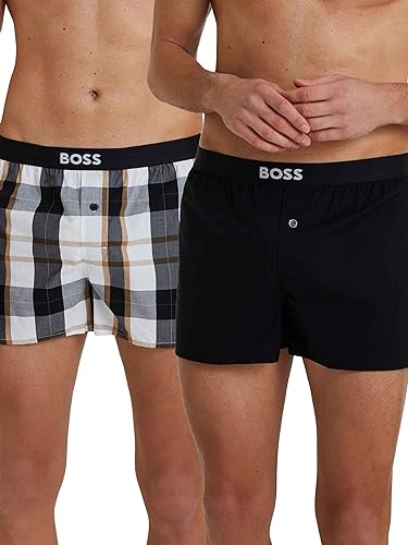 BOSS Herren Boxershorts Webboxer Pyjama-Shorts Woven Boxer Shorts EW 2er Pack, Farbe:Mehrfarbig, Größe:2XL, Artikel:-100 Black/White Checked von BOSS