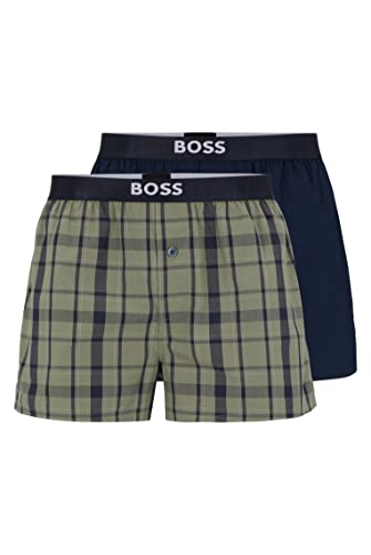 BOSS Herren Boxershorts Webboxer Pyjama-Shorts Woven Boxer Shorts EW 2er Pack, Farbe:Mehrfarbig, Größe:2XL, Artikel:-343 Navy/Green Checked von BOSS