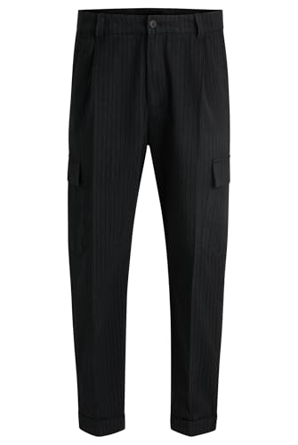 BOSS Herren C-Perin-Cargo-PL-TU Tapered-Fit Hose mit Streifen aus gebürsteter Baumwolle Dunkelgrau 52 von BOSS
