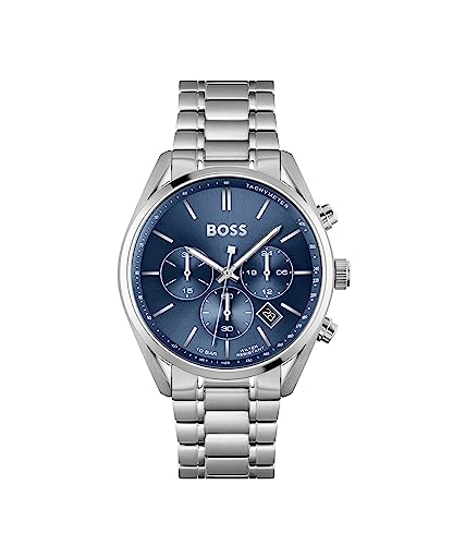 BOSS Herren Chronograph Quarz Uhr 44mm Champion Kollektion mit Blauem Zifferblatt und Silbernem Edelstahlarmband, Datumsfunktion, 3 Hilfszifferblätter, 10ATM Wasserdichtigkeit - 1513818 von BOSS
