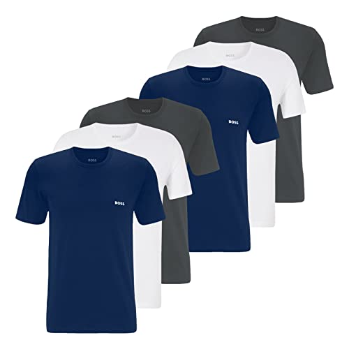 BOSS Herren Classic T-Shirts Kurzarm Shirts Pure Cotton Crew-Neck 6er Pack, Farbe:Mehrfarbig, Artikel:-970 Grey/White/Blue, Größe:L von BOSS