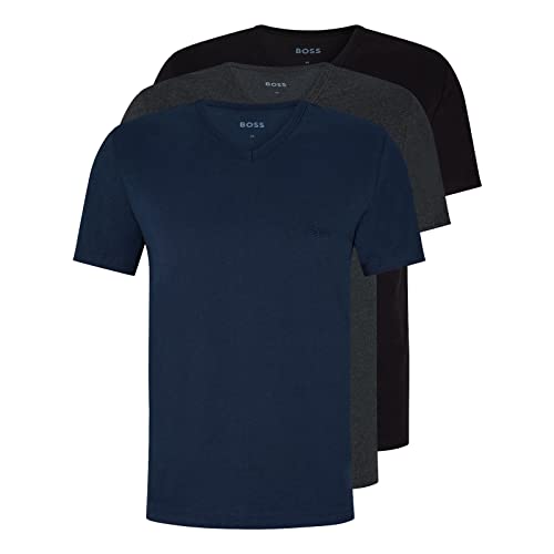 BOSS Herren Classic T-Shirts Kurzarm Shirts Pure Cotton V-Neck 3er Pack, Farbe:Mehrfarbig, Artikel:-497 Black/Anthracite/Navy, Größe:L von BOSS