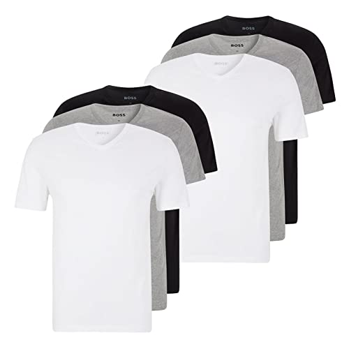 BOSS Herren Classic T-Shirts Kurzarm Shirts Pure Cotton V-Neck 6er Pack, Farbe:Mehrfarbig, Artikel:-999 Black/White/Grey, Größe:S von BOSS