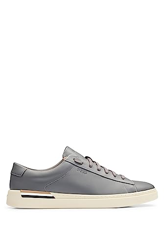 BOSS Herren Clint Tenn Sneakers aus Leder mit Cupsohlen, Signature-Streifen und Logos Dunkelgrau 41 Größe 41 von BOSS