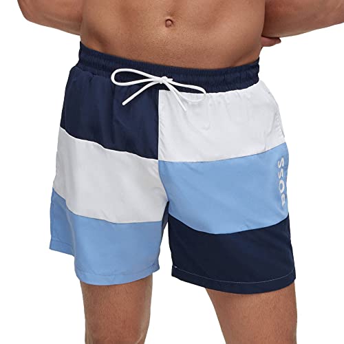 BOSS Herren Court Schnell trocknende Badeshorts aus einem recycelten Material-Mix im Colour-Block-Design Dunkelblau M von BOSS