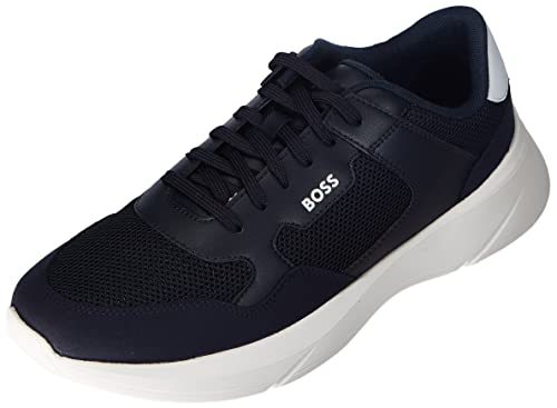 BOSS Herren Dean Runn Hybrid-Sneakers aus gebondetem Leder und Mesh Dunkelblau 43 Größe 43 von BOSS