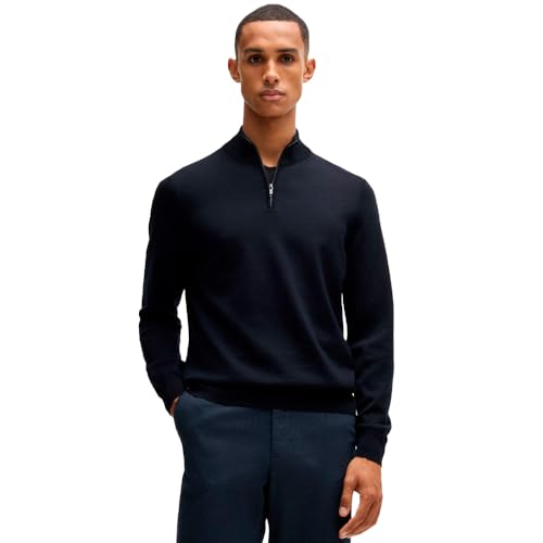 BOSS Herren Ebenji Regular-Fit Pullover aus Schurwolle mit Reißverschluss am Kragen Dunkelblau L BOSS Herren Ebenji Regular-Fit Pullover aus Schurwolle mit Reißverschluss am Kragen Dunkelblau L von BOSS