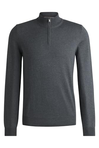 BOSS Herren Ebenji Regular-Fit Pullover aus Schurwolle mit Reißverschluss am Kragen Grau L von BOSS