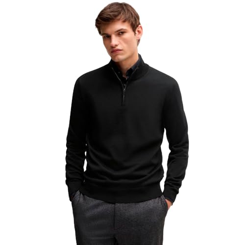 BOSS Herren Ebenji Regular-Fit Pullover aus Schurwolle mit Reißverschluss am Kragen Schwarz001 M von BOSS