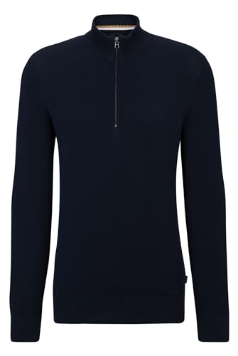 BOSS Herren Ebrando-P Pullover aus fein strukturierter Baumwolle mit Troyerkragen Dunkelblau M von BOSS