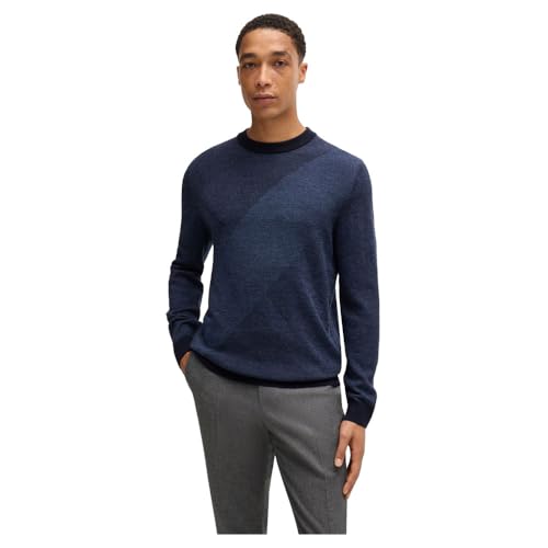 BOSS Herren H-Eclaus Pullover aus Schurwolle mit zweifarbigem Jacquard-Muster Dunkelblau L von BOSS