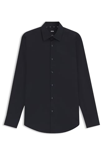 BOSS Herren H-HANK-C1-214 Slim-Fit Hemd aus elastischer Baumwoll-Popeline mit bügelleichtem Finish Dunkelblau 43 von HUGO BOSS