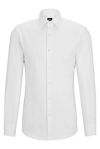 BOSS Herren H-HANK-kent-C1-214 Slim-Fit Twill-Hemd aus bügelleichter Stretch-Baumwolle Weiß 38 von BOSS