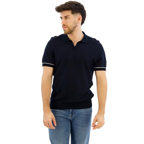 BOSS Herren H-Jianluca Kurzärmeliger Strick-Polo-Pullover aus Baumwoll-Mix mit Johnny-Kragen Dunkelblau XL von BOSS
