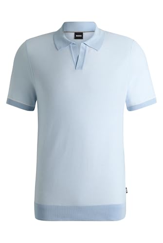 BOSS Herren H-Jianluca Kurzärmeliger Strick-Polo-Pullover aus Baumwoll-Mix mit Johnny-Kragen Hellblau XL von BOSS