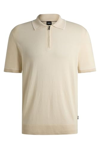 BOSS Herren H-Jiovanotto Kurzärmeliger Strick-Polo-Pullover aus Leinen-Mix mit Reißverschlussleiste Weiß XL von BOSS