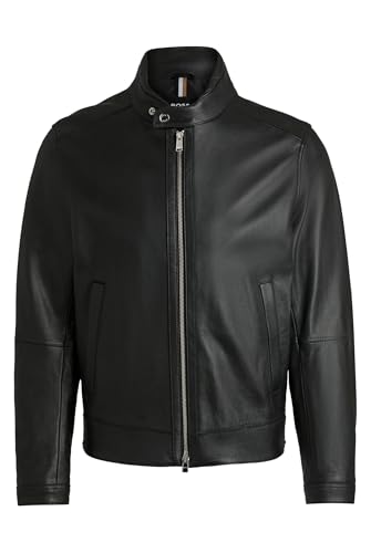 BOSS Herren H-Mansell2 Regular-Fit Jacke aus genarbtem Leder Schwarz 56 von BOSS