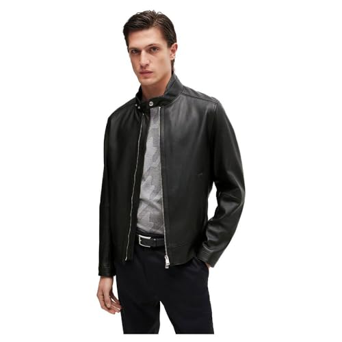 BOSS Herren H-Mansell2 Regular-Fit Jacke aus genarbtem Leder Schwarz 54 von BOSS