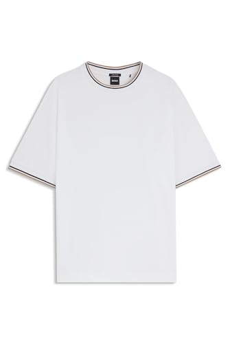 BOSS Herren H-Tames 65 T-Shirt aus merzerisierter Baumwolle mit gestreiften Ärmelbündchen Weiß M von BOSS