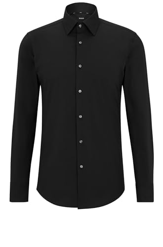 BOSS Herren H-HANK-kent-C1-214 Slim-Fit Hemd aus elastischer Baumwoll-Popeline mit bügelleichtem Finish Schwarz 39 von HUGO BOSS