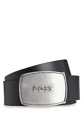 BOSS Herren Icon-EP Ledergürtel mit Logo-Koppelschließe aus gebürstetem Metall Schwarz 90 von BOSS