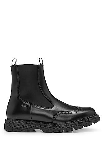 BOSS Herren Jacob Cheb Chelsea Boots aus gebürstetem Leder mit Budapester-Details Schwarz 39 Größe 39 von BOSS