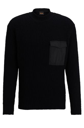 BOSS Herren Kaltamo Bouclé-Pullover aus Woll-Mix mit funktionaler Brusttasche Schwarz M von BOSS