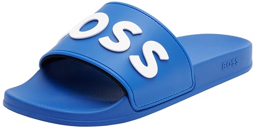 BOSS Herren Kirk Slid In Italien gefertigte Slides mit erhabenem Logo Blau 46 Größe 46 von BOSS