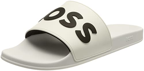 BOSS Herren Kirk Slid In Italien gefertigte Slides mit erhabenem Kontrast-Logo Weiß 48 Größe 48 von BOSS