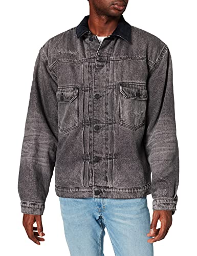 BOSS Herren Liberty BC Relaxed-Fit Jacke aus schwarzem Denim in Used-Optik von BOSS