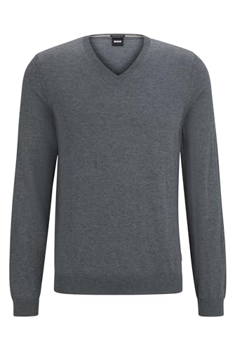 BOSS Herren Melba-P Slim-Fit Pullover aus Schurwolle mit V-Ausschnitt Grau L von BOSS