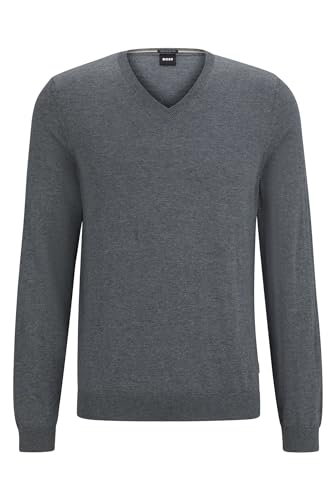 BOSS Herren Melba-P Slim-Fit Pullover aus Schurwolle mit V-Ausschnitt Grau XL von BOSS
