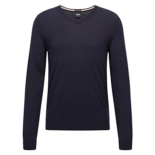 BOSS Herren Melba-P Slim-Fit Pullover aus Schurwolle mit V-Ausschnitt Dunkelblau M von BOSS
