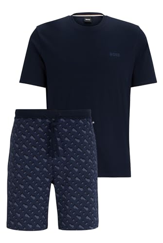 BOSS Herren Mono Short Set Pyjama aus Interlock-Baumwolle mit Logo in Geschenkbox Dunkelblau XXL von BOSS