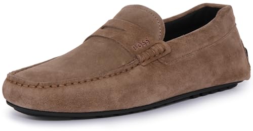 BOSS Herren Noel Mocc Mokassins aus Veloursleder mit Branding Beige 41 Größe 41 von BOSS