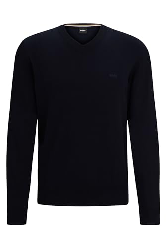 BOSS Herren Pacello-L Pullover aus Reiner Baumwolle mit V-Ausschnitt und Logo-Stickerei Dunkelblau S von BOSS