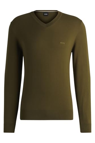 BOSS Herren Pacello-L Pullover aus Reiner Baumwolle mit V-Ausschnitt und Logo-Stickerei Dunkelgrün M von BOSS