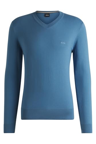 BOSS Herren Pacello-L Pullover aus Reiner Baumwolle mit V-Ausschnitt und Logo-Stickerei Hellblau M von BOSS