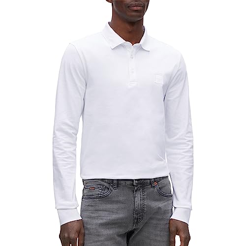 BOSS Herren Passerby Slim-Fit Longsleeve-Poloshirt mit Logo-Aufnäher Weiß L von BOSS