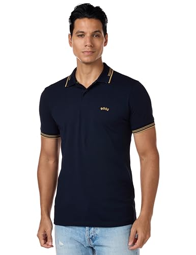 BOSS Herren Paul Poloshirt mit Gebogenem Logo Polohemd, Dunkelblau/Gelb, 3X-Groß von BOSS