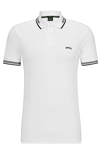 BOSS Herren Paul Curved Slim-Fit Poloshirt aus Stretch-Baumwolle mit geschwungenem Logo Weiß XL von HUGO BOSS